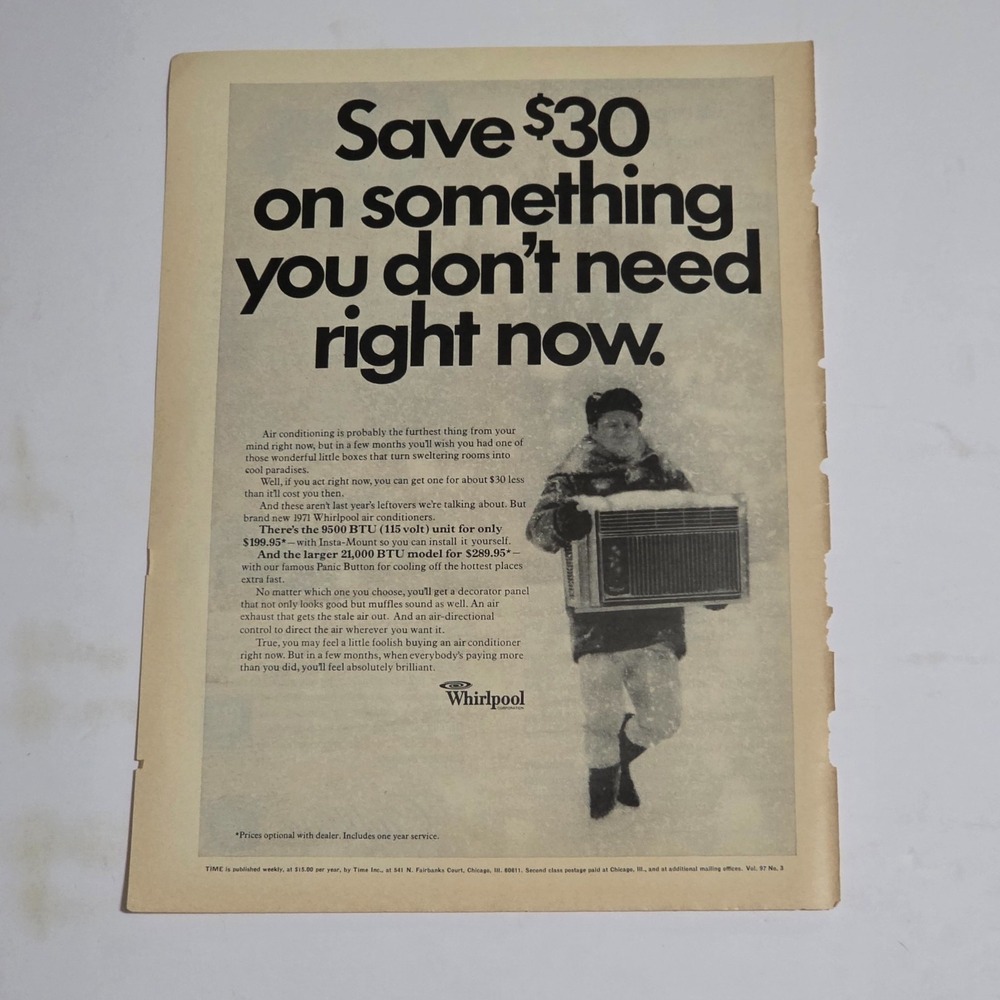 Vintage Print Ad Whirlpool air conditioner snow snowing B&W 8.25x11 1971